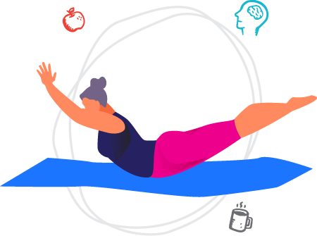 A woman doing Pilates on a mat with healthy icons around her